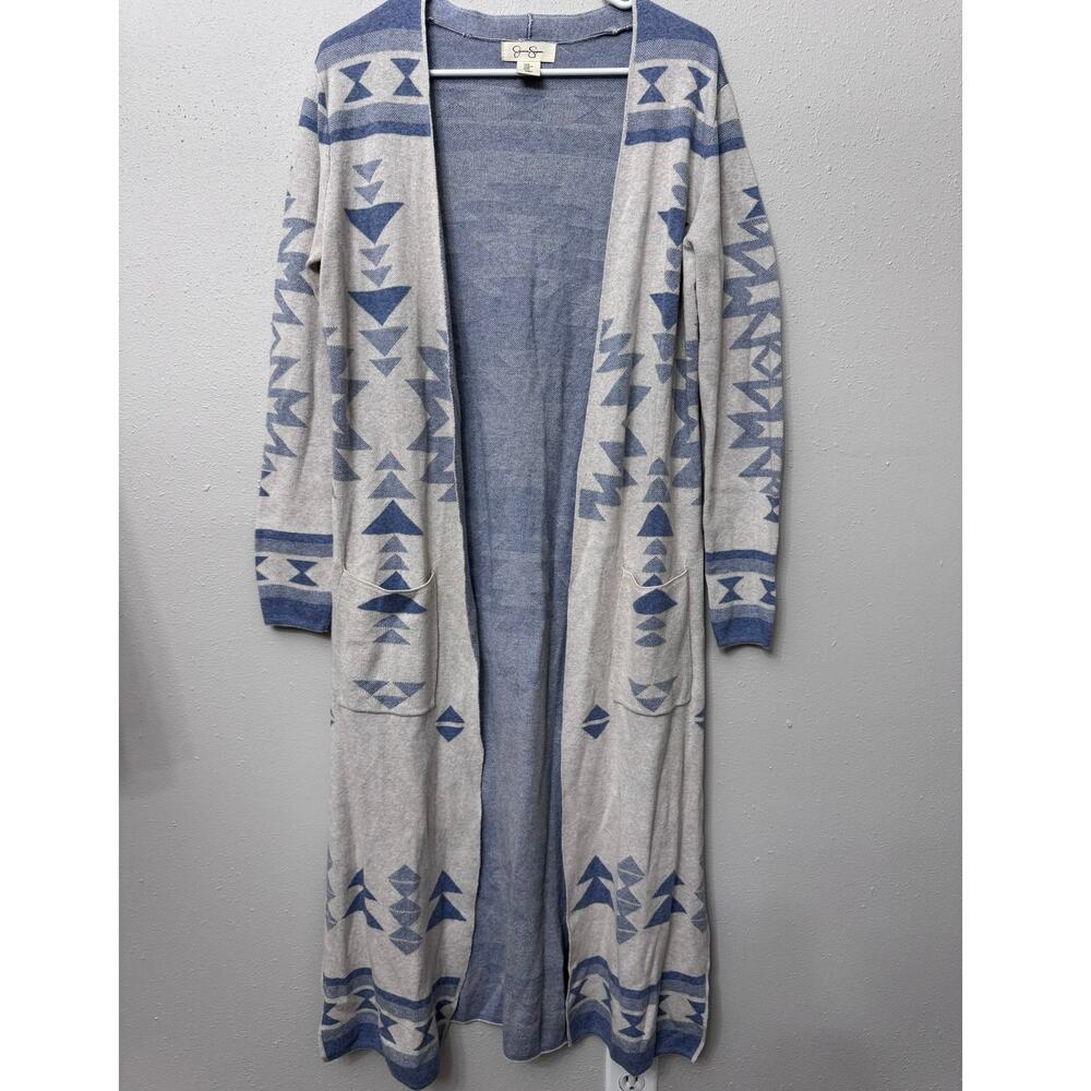 Jessica Simpson Aztec Print Sz L Open Cardigan Western Southwestern Blue/Cream